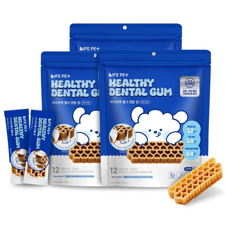 특허받은 라이프펫 강아지 덴탈껌 12개입 개껌 치석제거껌 애견간식 하드타입, 120g, 3개