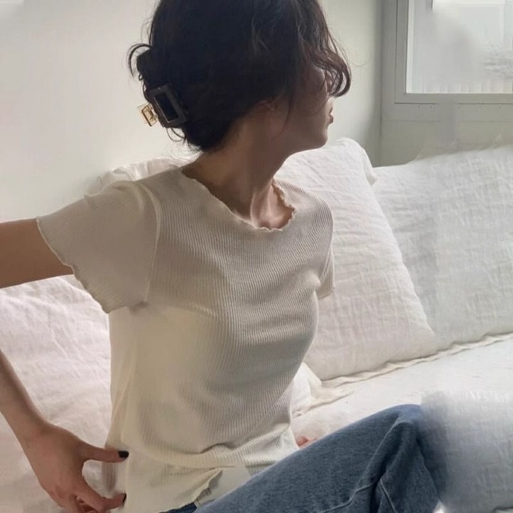 레이스 드온도 누네 물결 반팔티 프릴티 골지 솝 반팔티셔츠 반팔