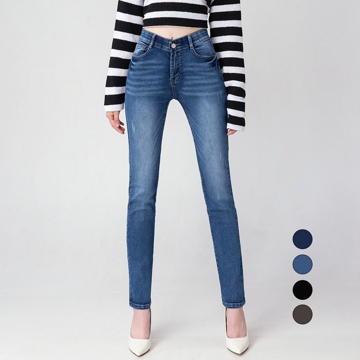 엘블로썸 여성 겨울기모 스판좋은 히든밴드 슬림일자 청바지 기본롱