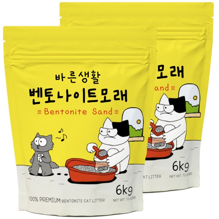 바른생활 먼지없는 벤토나이트 고양이모래, 무향10L, 2개, 6kg