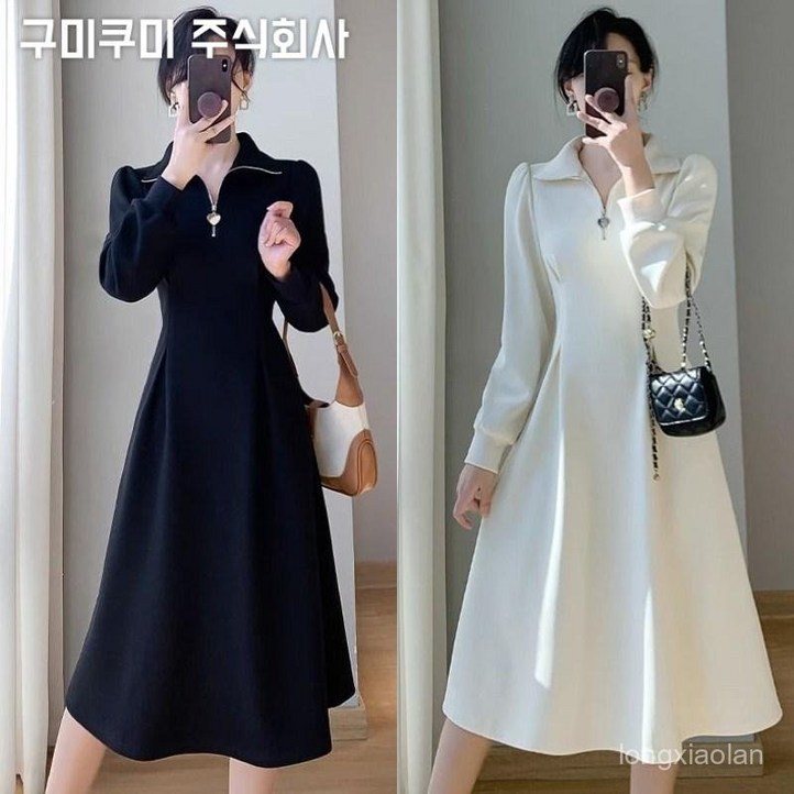 125kg까지 빅사이즈 원피스 신상 여성 가을 편한 날씬해보이는 간절기 코디 무지 카라 반집업 칼라 단아한 긴팔 매력 루즈핏 캐주얼 패션 데일리 미디 a라인 스커트