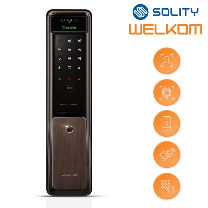 솔리티 웰콤 얼굴인식 신제품 푸시풀 WSP2900A 카드키2개번호키 블루투스옵션 안면인식 AI딥러닝기술적용 신속 정확한 얼굴인증 얼굴인식100개 현관문 디지털도어락, 웰콤 WSP2900A, 고객직접설치