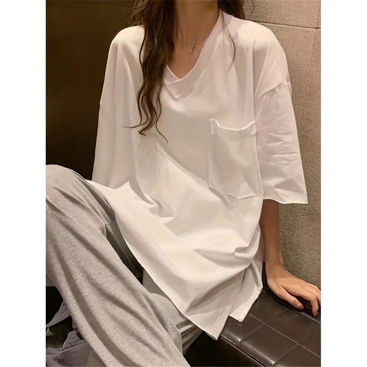 파스치노 여성 여름 브이넥 루즈핏 박시한 반팔 티셔츠