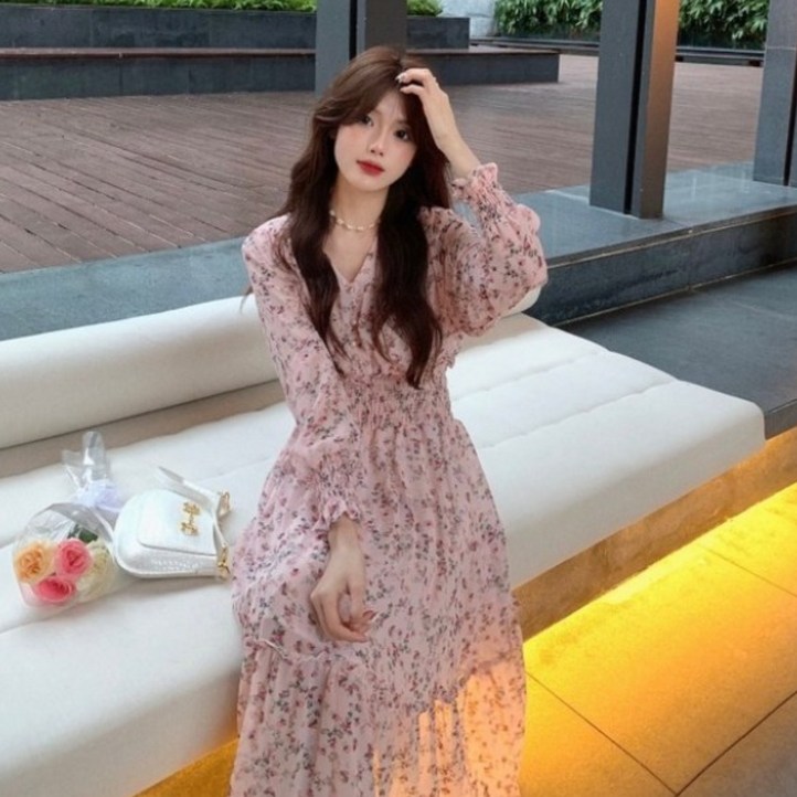 여성 쉬폰 플라워  롱원피스 브이넥 허리 라인 슬림 봄 가을 겨울 원피스 셔링 데이트룩 빅사이즈 원피스2xl
