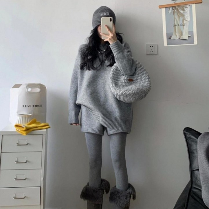 여성 가을 겨울 세트 니트 투피스 세트 긴팔 니트 스웨터 반바지 패션 캐주얼rll