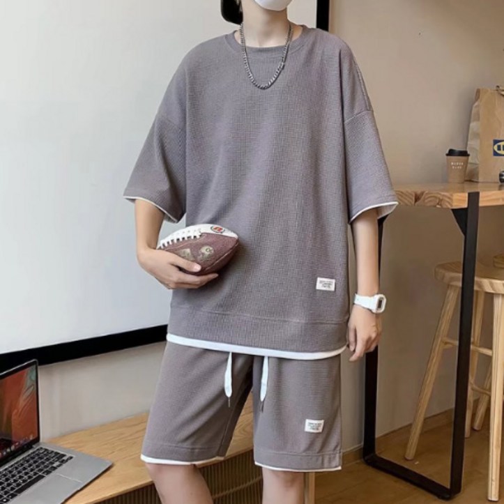 파쿠 여름 데일리 무지 레이어스 상하 반팔티셔츠 반바지 세트