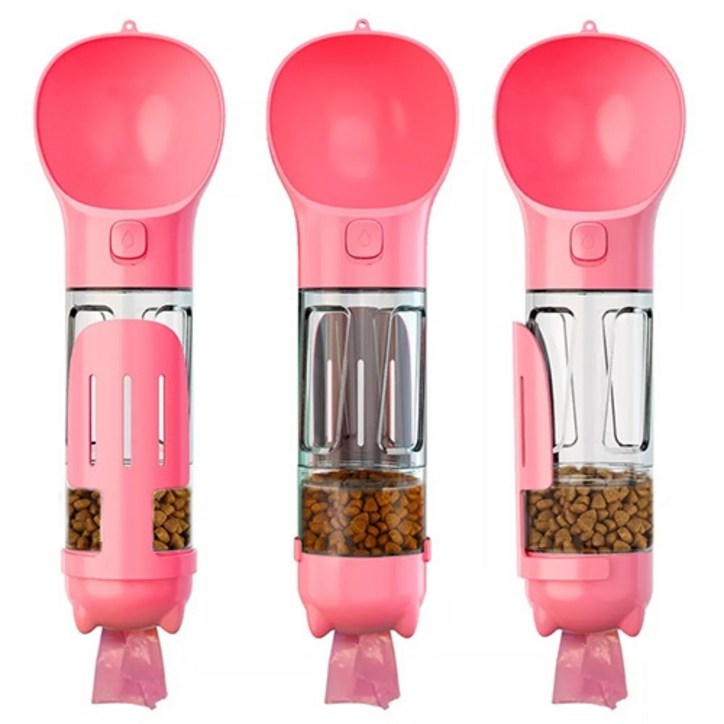 강아지 산책 휴대용 물통300ml 3 in 1, 핑크