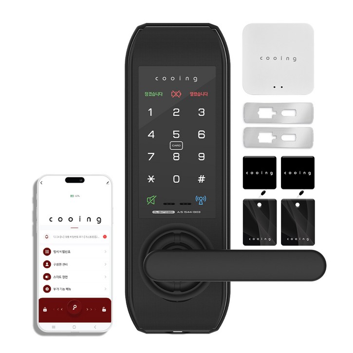 쿠잉전자 무타공 주키 손잡이있음 원격제어 IoT 현관문 스마트도어락 DL-BHT03BK + 보강판 + 게이트웨이 세트, DL-BHT03BK, 방문설치