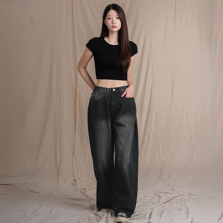 엘라모 여성용 기본/롱 기장 옆핀턱 와이드 데님 팬츠