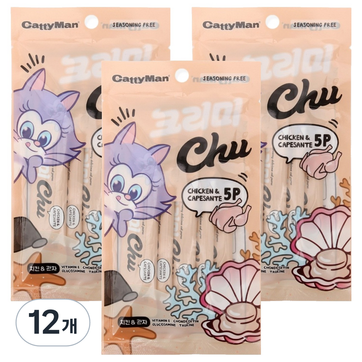 캐티맨 고양이 크리미츄 간식 5p, 12개, 60g, 혼합맛치킨  관자맛