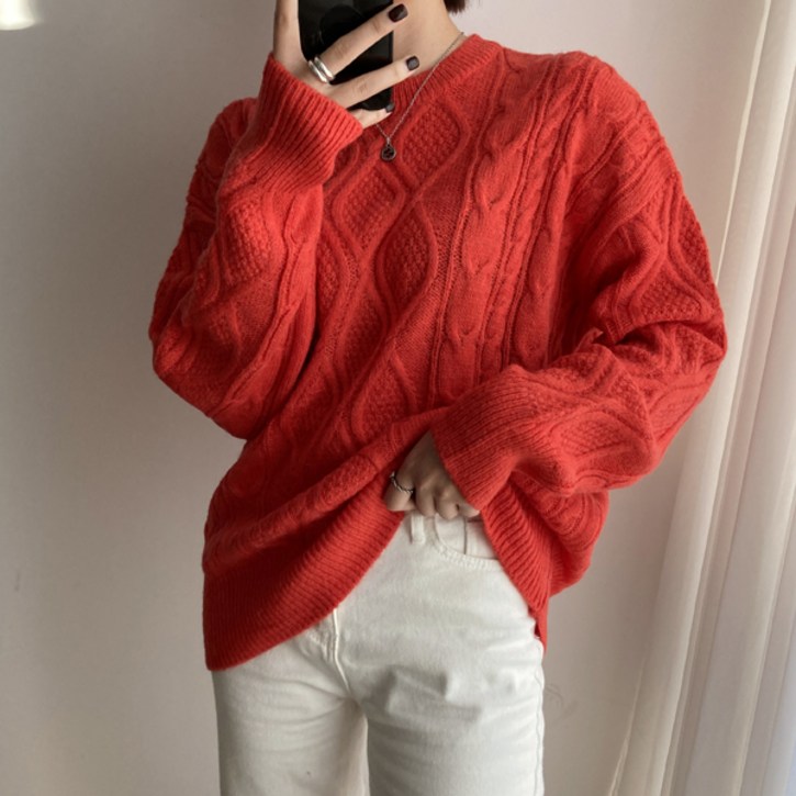 뜨개진 여성용 램스울 루즈핏 피셔 꽈배기 마가렛 라운드 니트 뜨개진 여성용 램스울 루즈핏 피셔 꽈배기 마가렛 라운드 니트