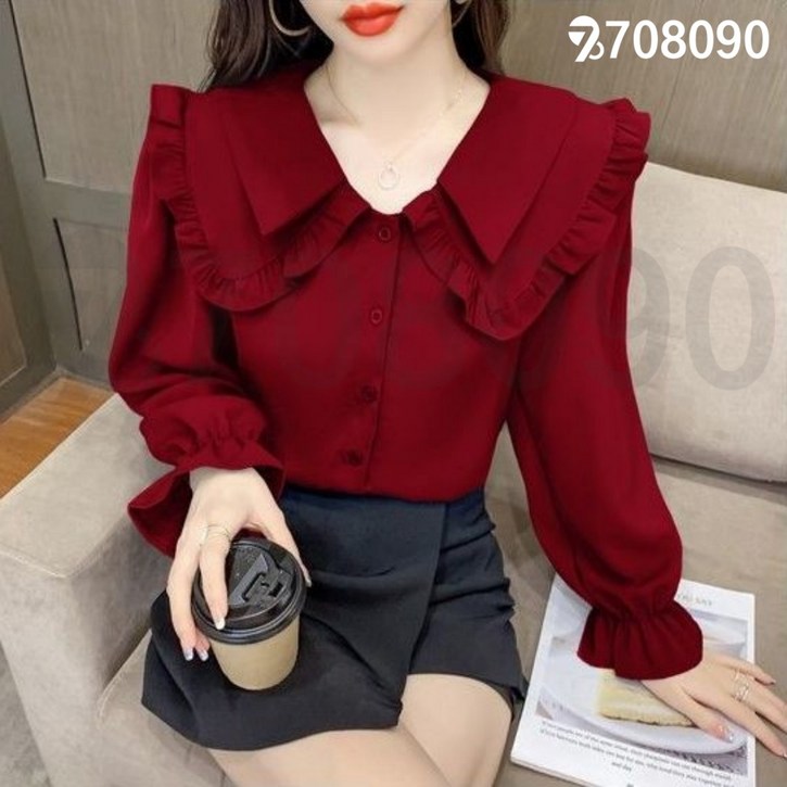 708090 봄 가을 여성 퍼스소매 블라우스 미니멀 슬림핏 셔츠