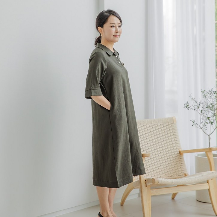 씨엘스토리 여성 인견 러프 카라 반팔 원피스