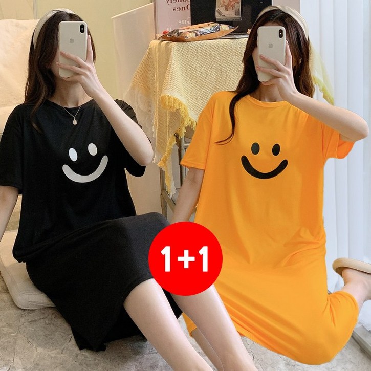마쿠쿠 1+1 세트 스마일 여성 잠옷 홈웨어 원피스 반팔 롱 티셔츠