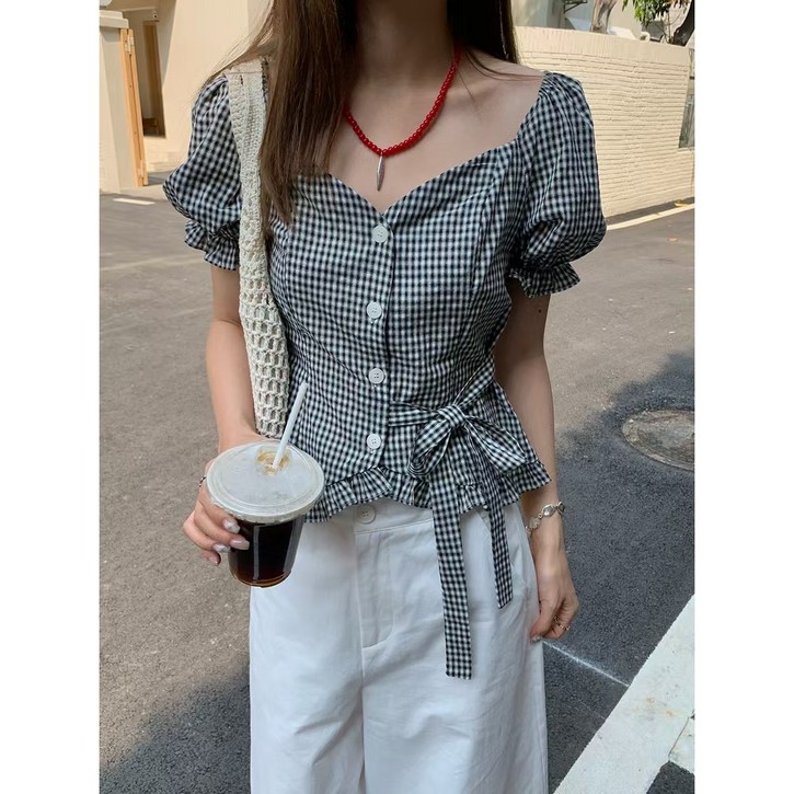 우아글로벌 하트넥 퍼프소매 허리묶음 블라우스