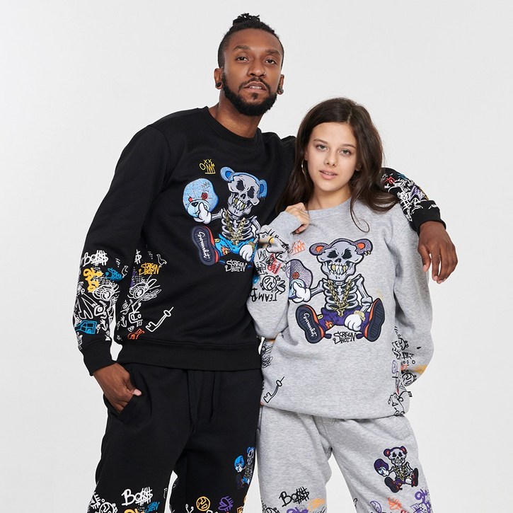 무니크영 F1165  남녀공용 빅사이즈 프린트 자수 스톤 패치 오버핏 스컬 베어 맨투맨