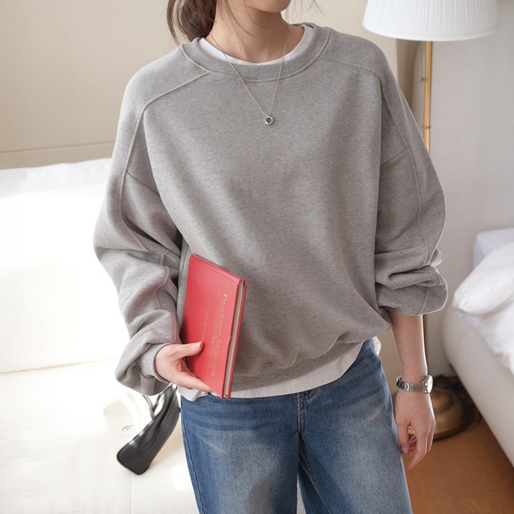 데일리앤 홀딩 라운드넥 나그랑 오버핏 무지 맨투맨 티셔츠