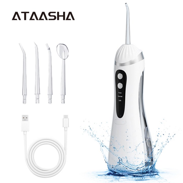 Ataasha 무선 휴대용 구강세정기 + 4개노즐팁 스케일링 AT-25P, 화이트