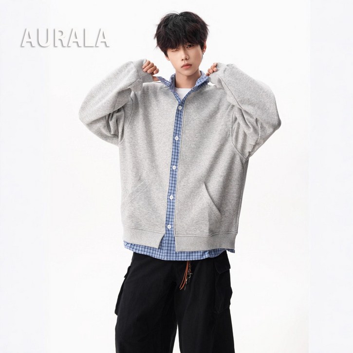 AURALA 남성 루즈핏 캐주얼 맨투맨 셔츠 칼라 레이어드 긴팔 맨투맨 티셔츠