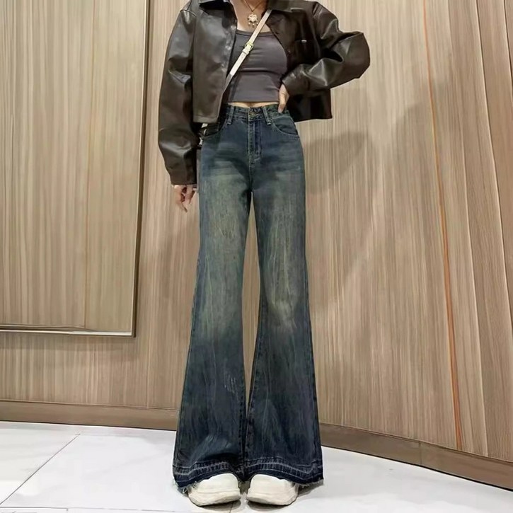 SAHINER 봄가을 여성 하이웨이스트 부츠컷 와이드 워싱 데님 팬츠 LANZ55