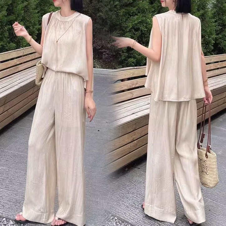 Asure 여자 여름 민소매 블라우스+루즈핏 와이드 팬츠 투피스