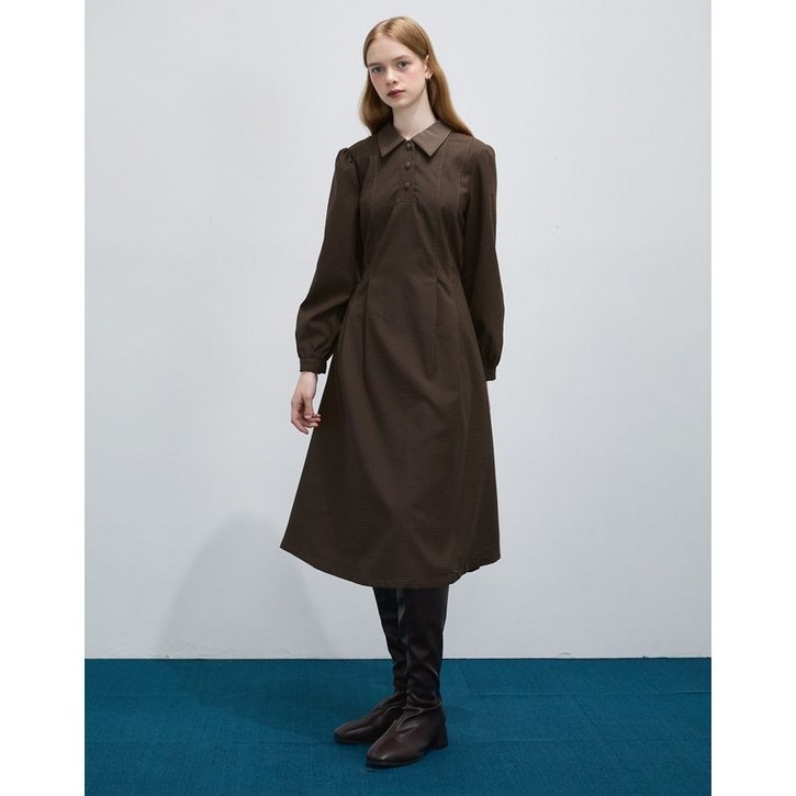 르샵 카라배색 버튼 체크 롱 원피스LC42OP020