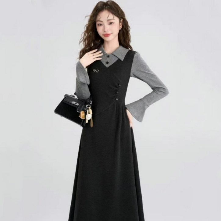 여성 데일리룩 긴팔 롱 원피스 오피스룩 셔츠 카라 원피스