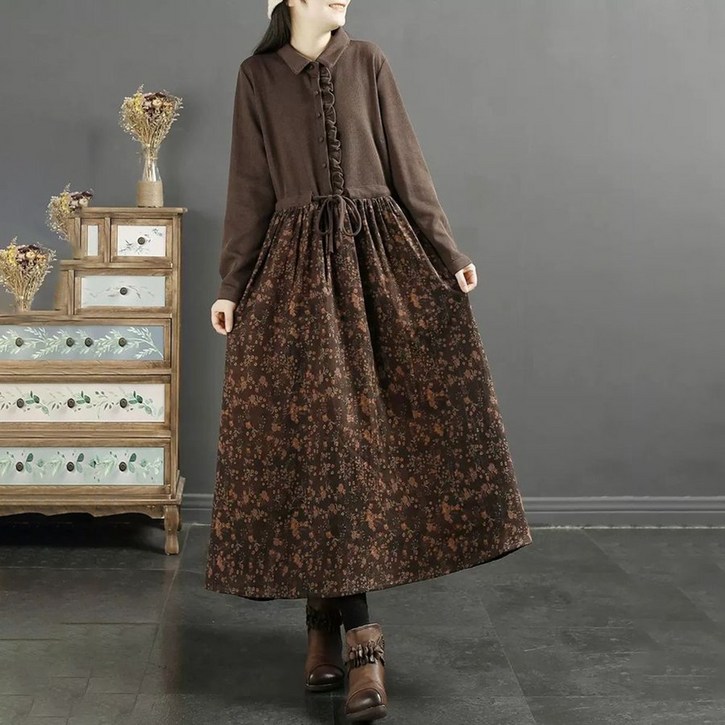 ROYALBELLE  여성 니트배색 플라워 스트링 허리라인 루즈핏 롱 원피스 U01121322