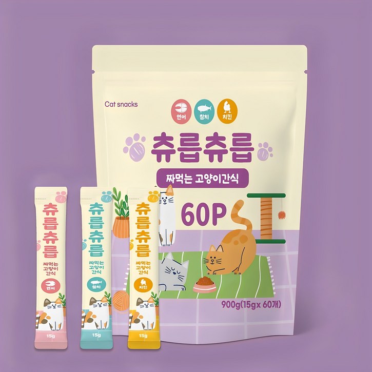 츄릅츄릅 짜먹는 츄르 고양이간식 60스틱 혼합팩 헤어볼케어