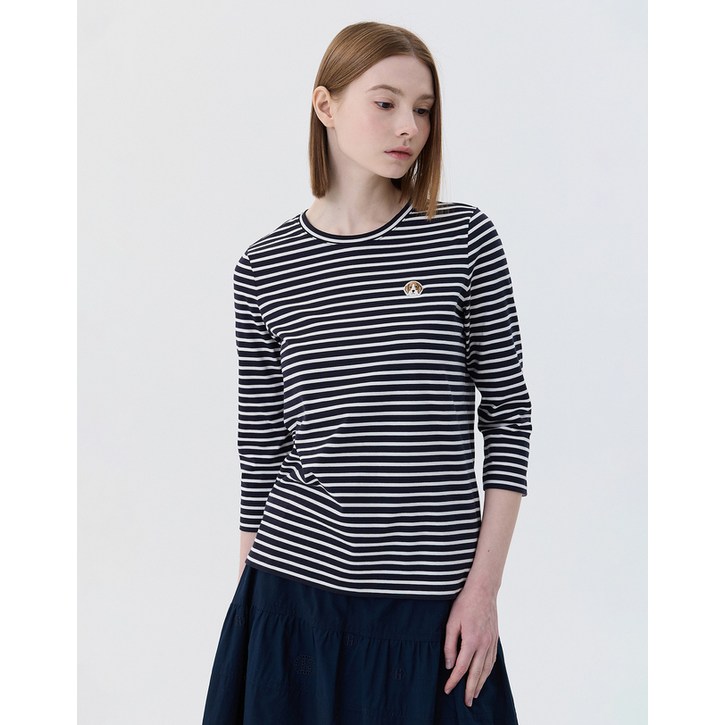 24SS 가격인하BEST면100스테디셀러아이보리 스트라이프 면 7부소매티셔츠 WSTS4B785IV