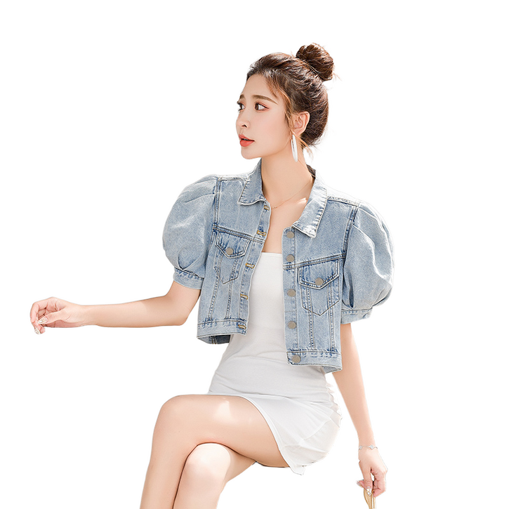 여성용 여름 벌룬 소매 쇼트 데님 재킷 반팔 데님 코트
