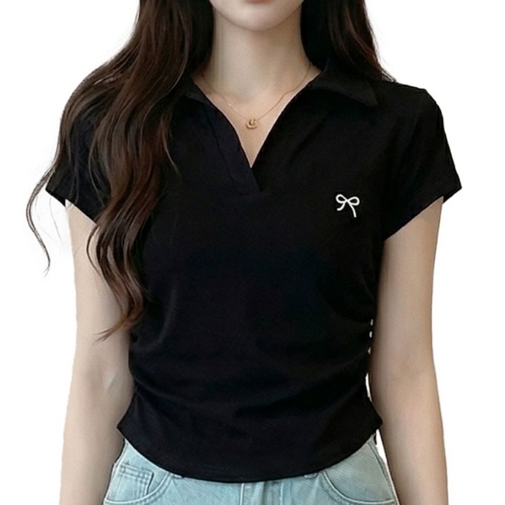바이로이 여성 면 스판 카라 리본 자수 셔링 반팔 티셔츠