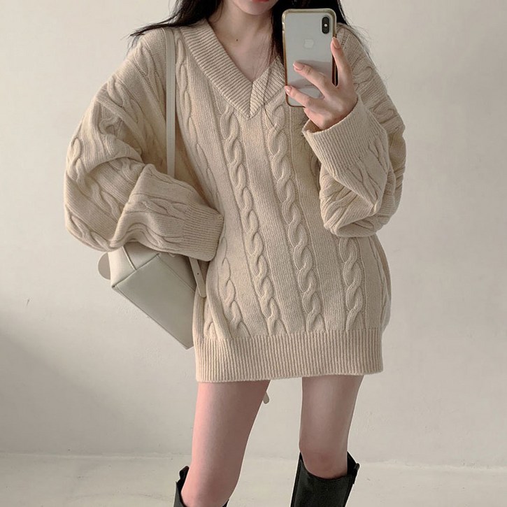 청순 루즈핏 여리핏 레이어드 브이넥 꽈배기 니트 미니 원피스