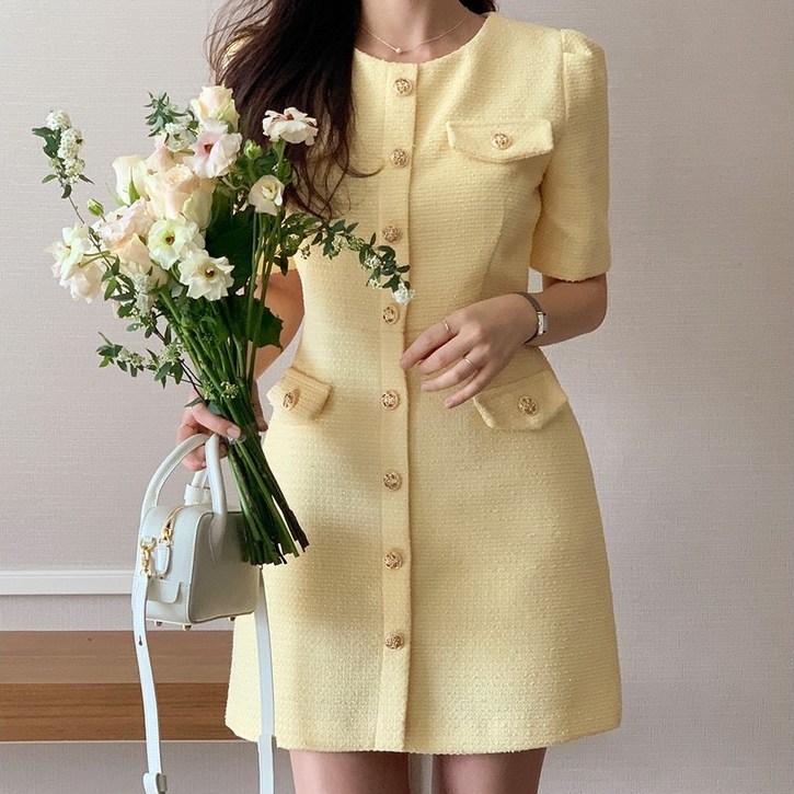 예쁨시전 여름 트위드 테일러드 반팔 미니 원피스