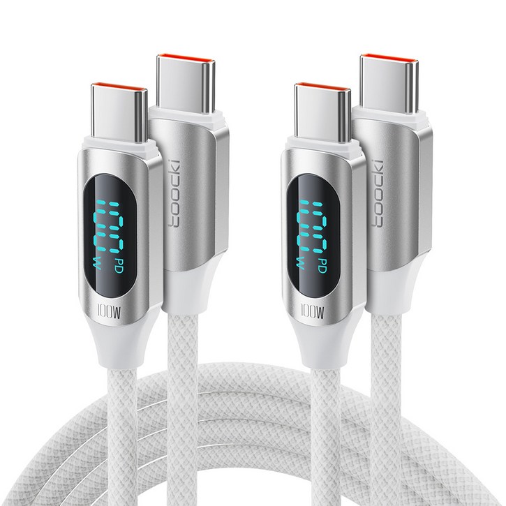 TOOCKI 알루미늄 합금으로 디스플레이 CC 100w 고속 충전케이블, 2m, 화이트, 2개