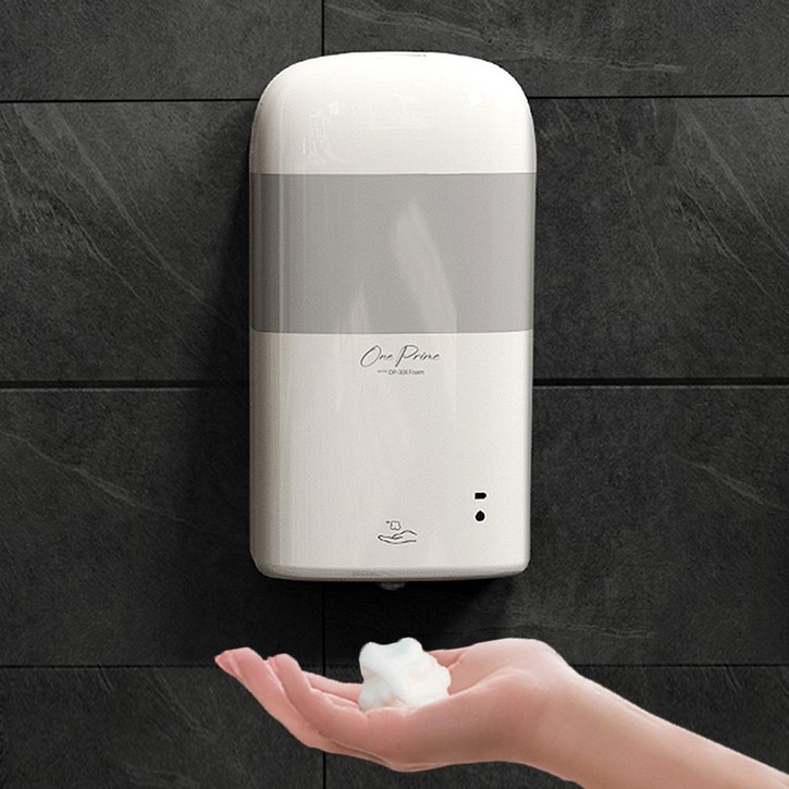 원프라임 자동 손세정기 거품 비누 디스펜서 핸드워시 손세정제 욕실 주방 벽걸이형 800ml 대용량 OP308, 1개, 화이트라이트그레이