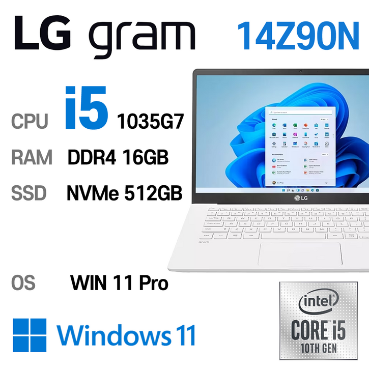 LG중고노트북 그램 14인치 인텔 10세대 core-i5 1035G7 16GB 윈도우11 Pro설치 14Z90N, 14Z90N-VP50ML, WIN11 Pro, 16GB, 512GB, 코어i5 1035G7, 스노우 화이트 6
