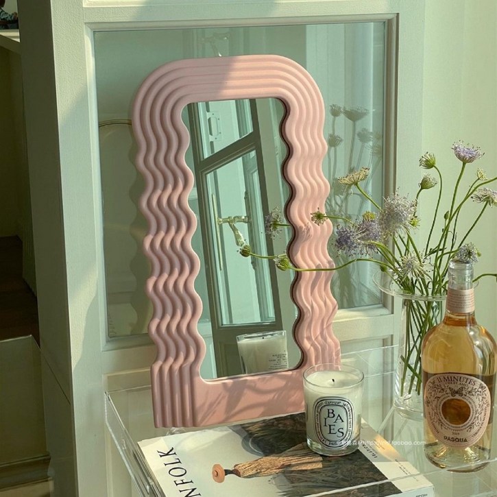 물결 거울 현관 욕실 엔틱 유니크 비정형 인테리어 대형 웨이브 전신거울, 분홍