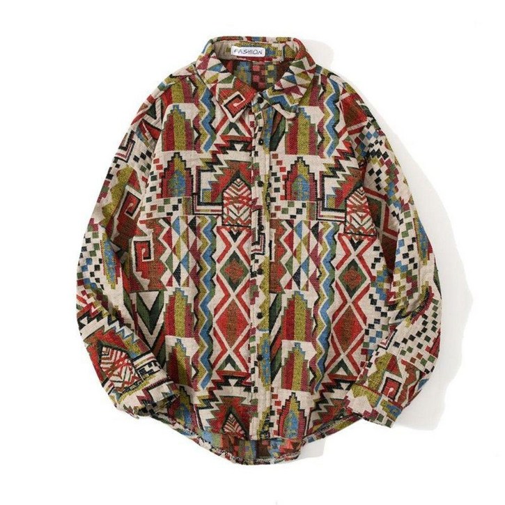 보헤미안 패턴 셔츠 에스닉 남성 셔켓 오버핏 기하학 남방 캐주얼