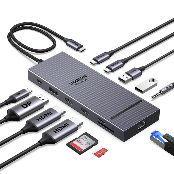 UGREEN 유그린 Revodok 12포트 USB3.2 C타입 멀티허브 |삼성덱스 맥북 호환|트리플 모니터 확장|4K120Hz|10Gbps|SD카드 리더기|기가비트|PD100W, 1개, Grey