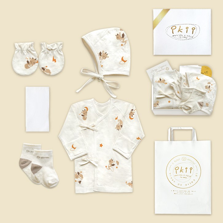 이키 유아용 오가닉 배냇저고리 5종 출산 선물 포장 세트 사계절용 뱀 긴소매  쇼핑백