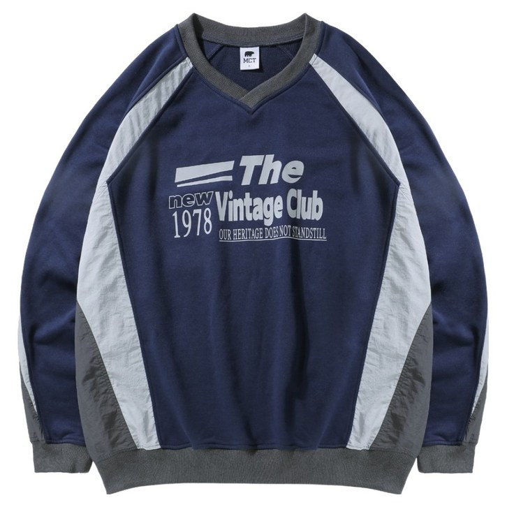 엠씨티 남녀공용 브이넥 쭈리 우븐 배색 오버핏 맨투맨