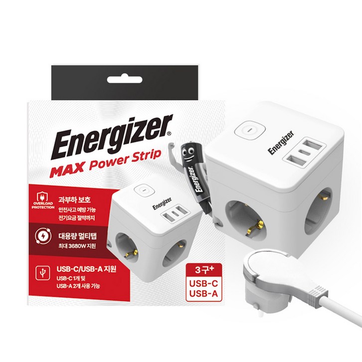 에너자이저 큐브 디자인 4000W 고용량 납작플러그 멀티탭 3구 USBA 2구 C타입 1구, 1.5m, 흰색, 1개