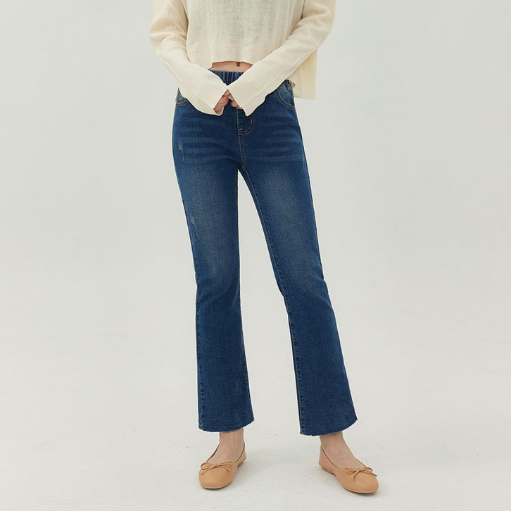 여성용 슬림라인 허리밴딩 밑단컷팅 부츠컷 데님 팬츠 CR2W12