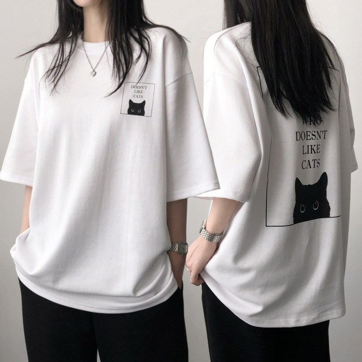 레이디스룸 국산 특양면 2XL 오버핏 고양이 프린팅 빅사이즈 박스 반팔 티셔츠