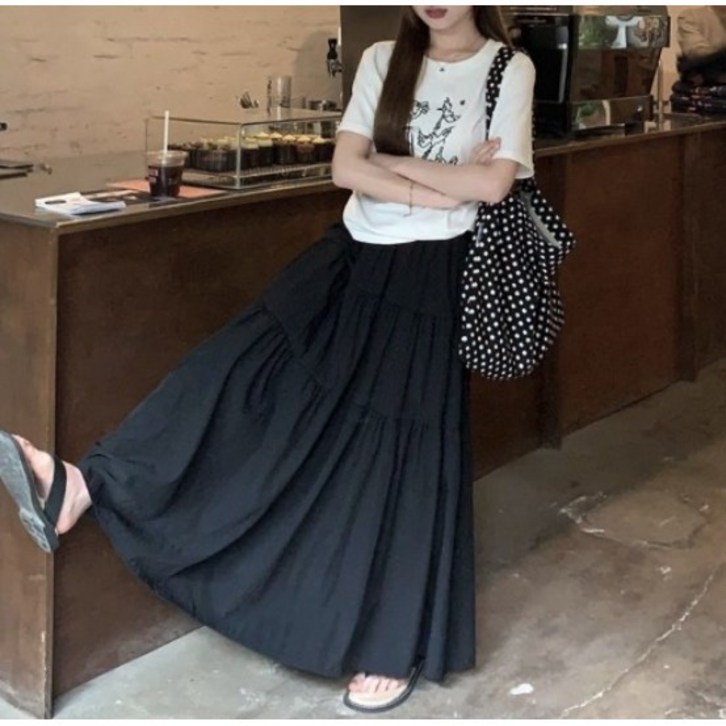 로엔나 여성용 밴딩 A라인 주름 루즈핏 롱스커트