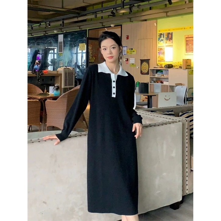 탄탄강추 카라 배색 니트 롱 원피스