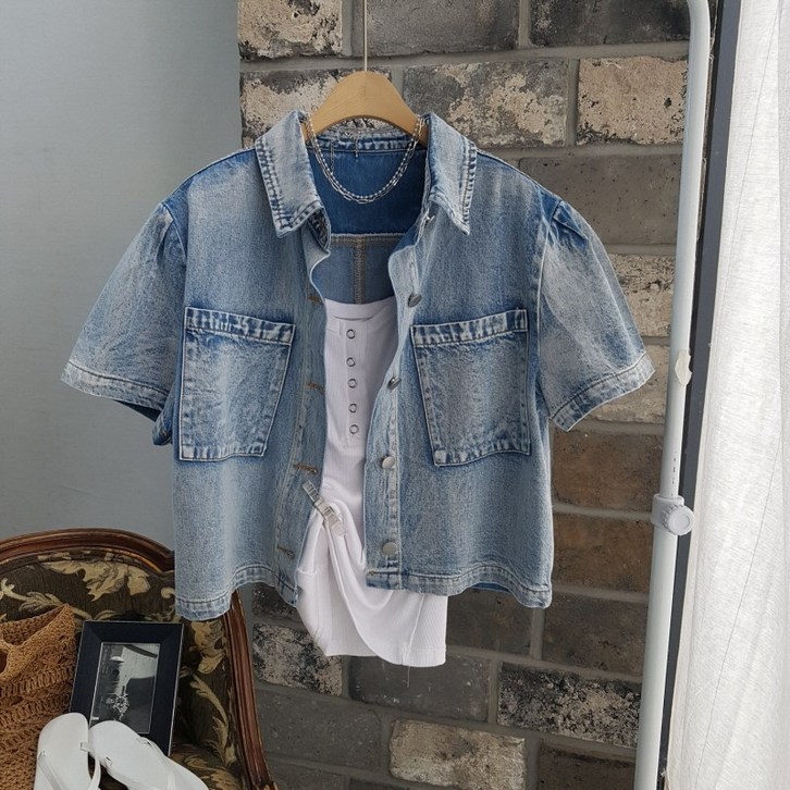 상상그이상 여성용 빈티지 워싱 반팔 청자켓 퍼프 소매 데님 크롭 자켓 빈티지룩 데일리 편한 숏 점퍼