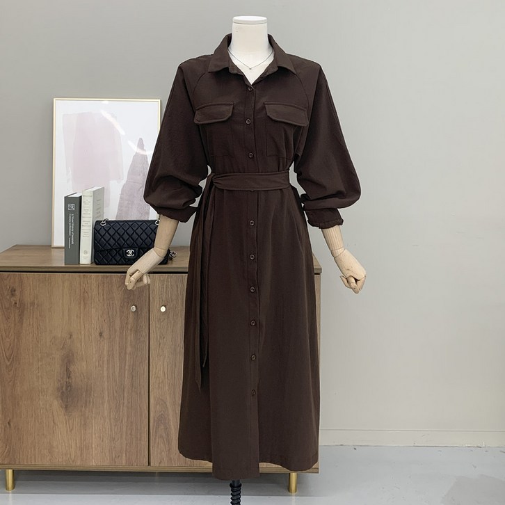 행복여 루시 모던 절개 플랩 셔츠 카라 플레어 원피스