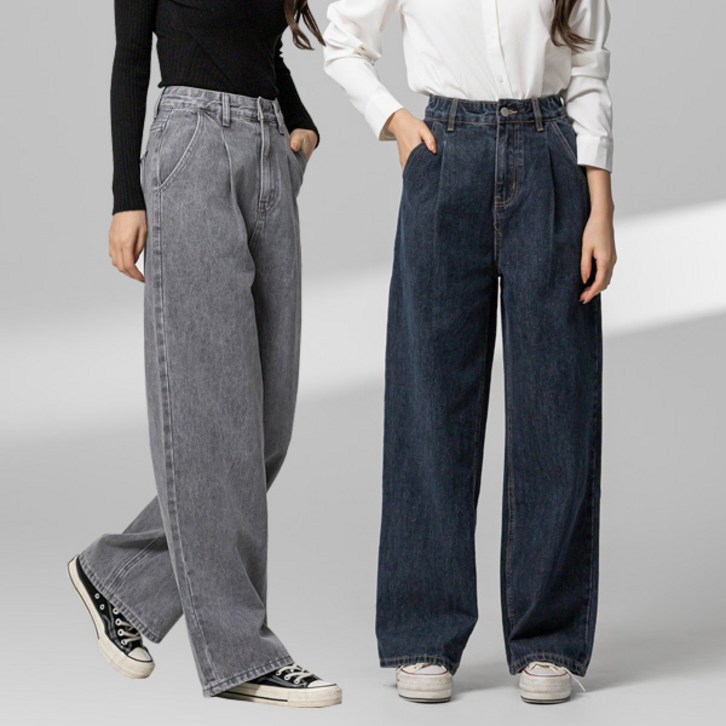 3단 기장 와이드 핀턱 데님 팬츠 여자청바지 S2XL